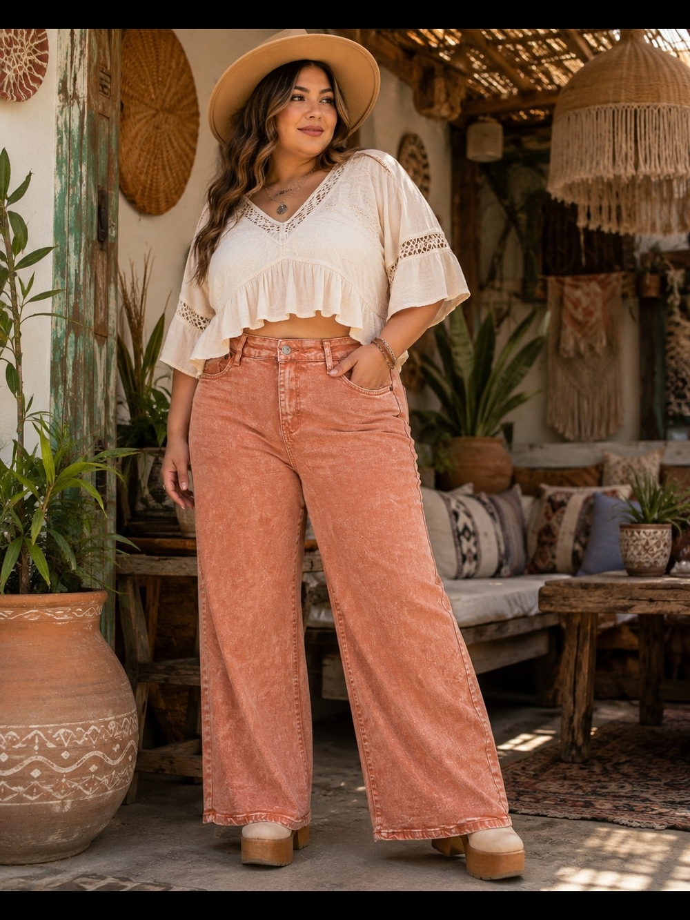 Wide Leg Mid Rise Jeans in Dusty Coral Mineral Washed